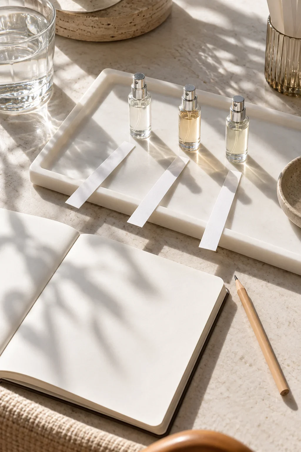 Three perfume samples with spaced blotters and a blank testing notebook