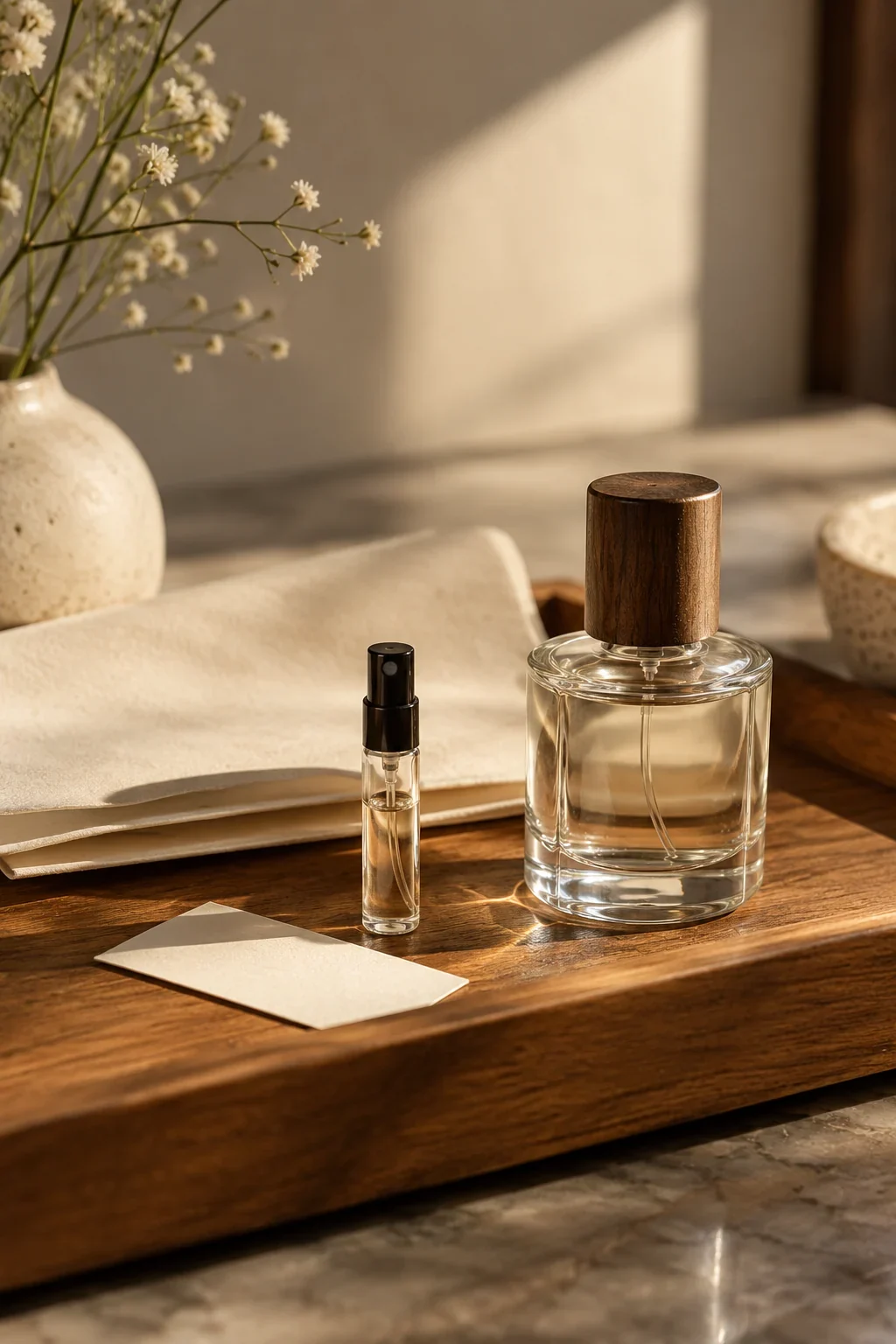 One fragrance sample beside a clear full-size bottle and blank testing card