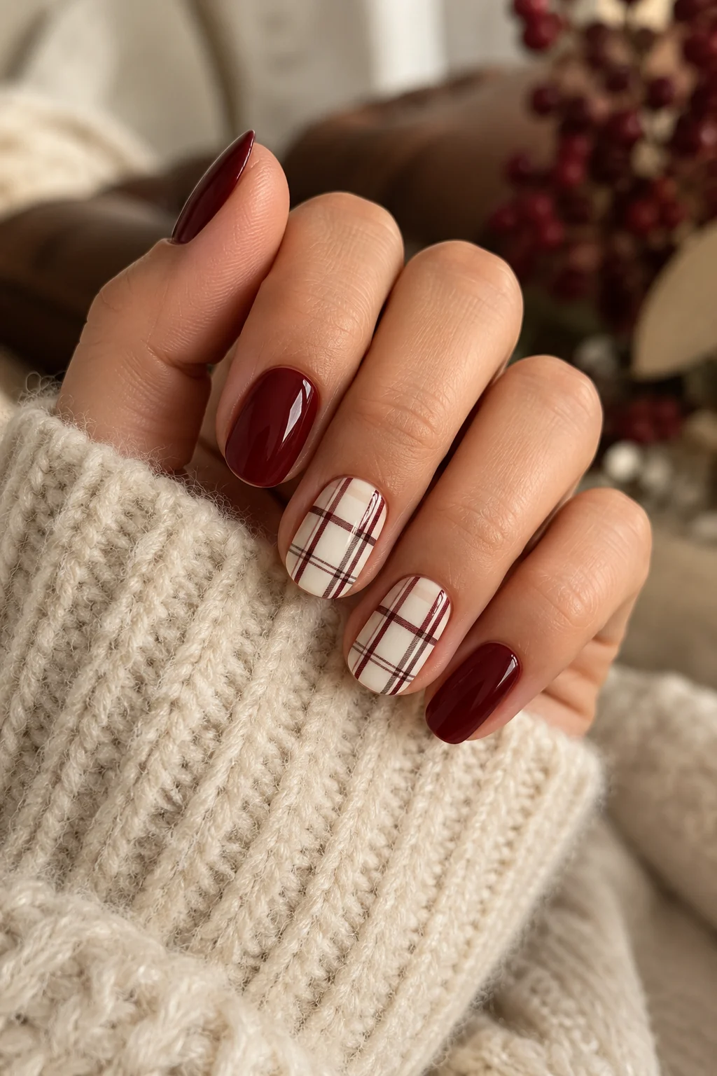12 Plaid Nail Designs for Autumn in Burgundy, Brown and Green