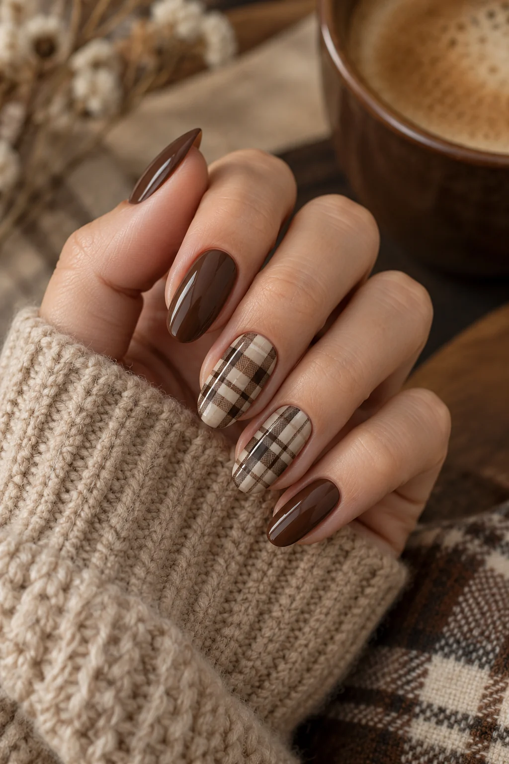 Cocoa and beige plaid accent nails with chocolate solid nails