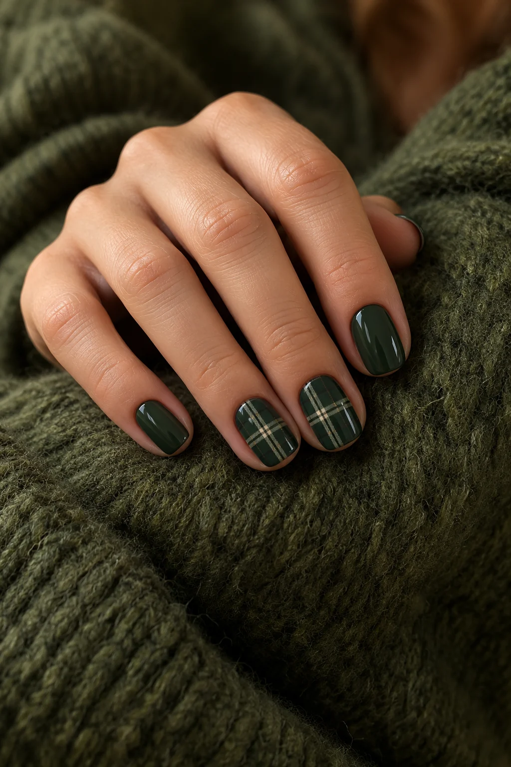Forest green nails with cream and green plaid accents
