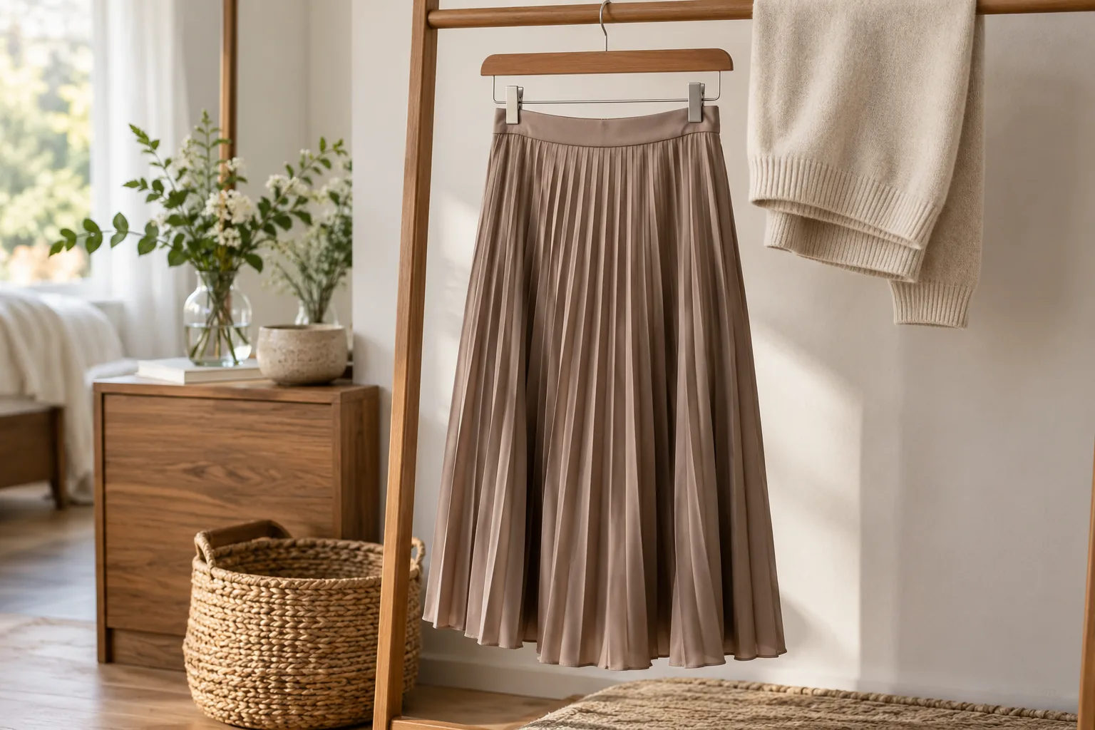 A pleated midi skirt hanging freely on a broad clothing hanger with a fine knit folded neatly beside it, realistic garment care corner
