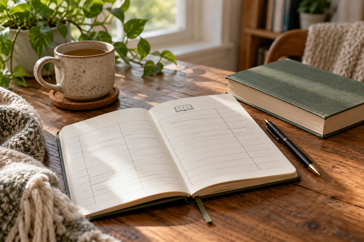 A reading journal with a simple blank book log layout and small hand-drawn open book symbol beside a closed book and pen