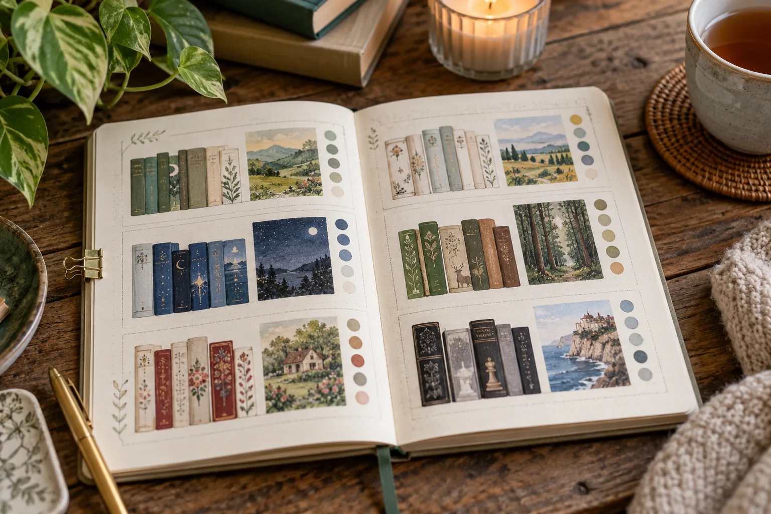 An open personal reading journal with several neatly divided log panels, tiny original illustrated book spines and color swatches