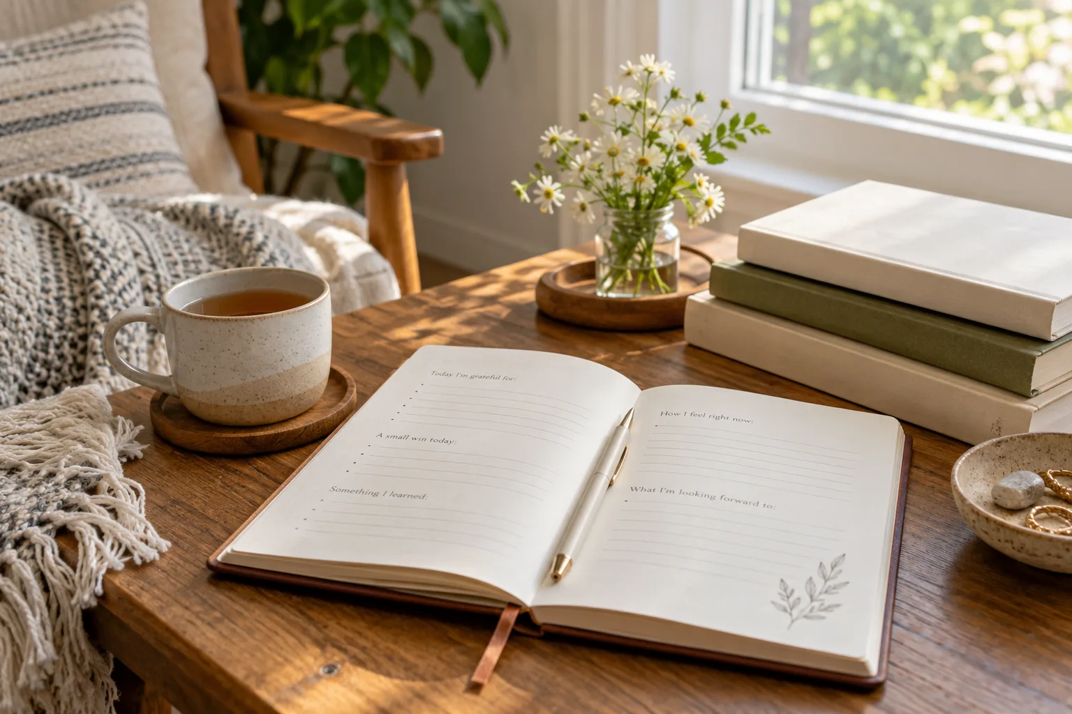 A quiet reading corner with an open journal showing a short simple reflection layout beside a stack of plain books and tea, cozy daylight