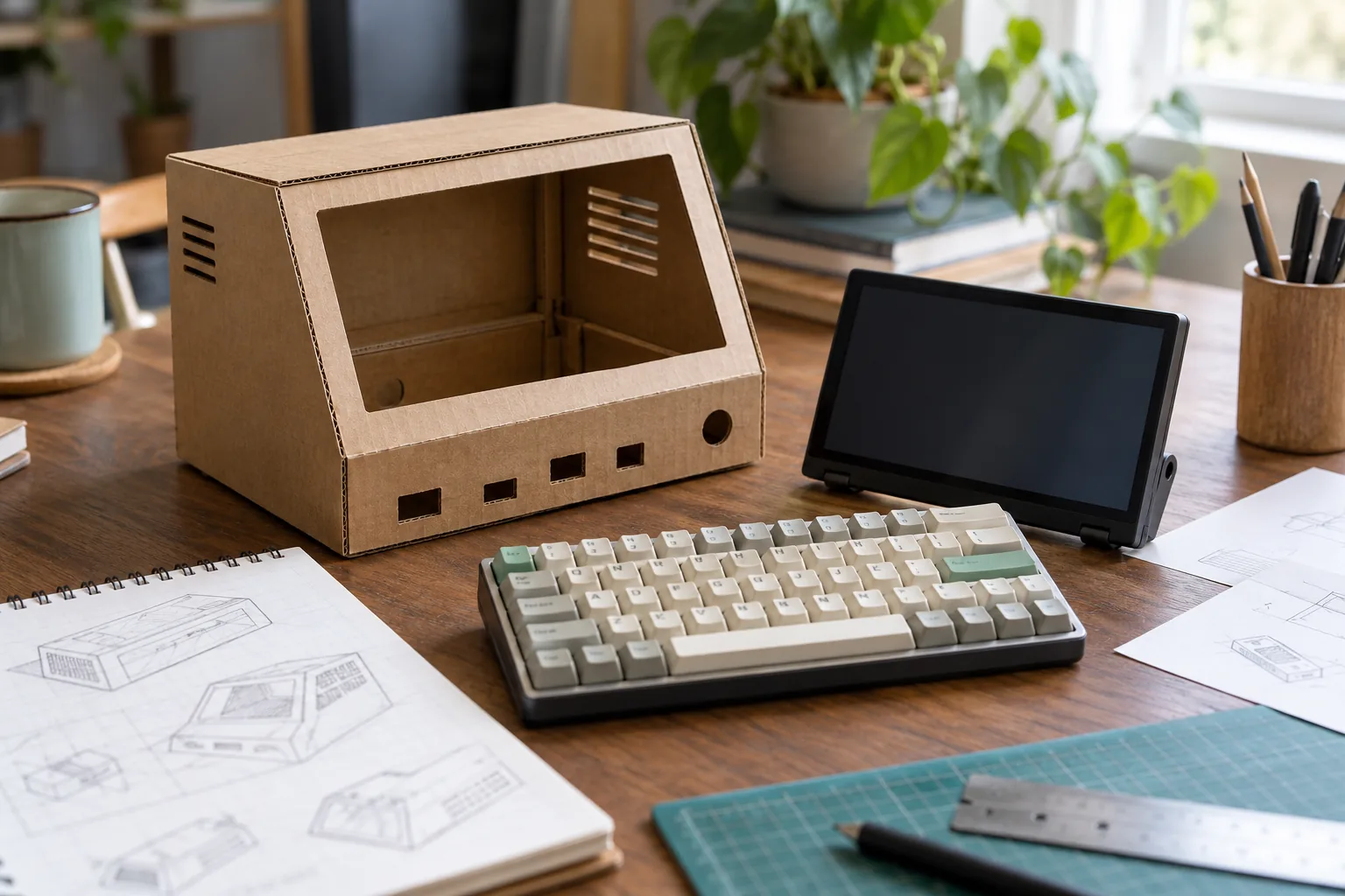 A cardboard enclosure mockup next to a compact keyboard and small disconnected display on a tidy design table, realistic portable retro computer design planning
