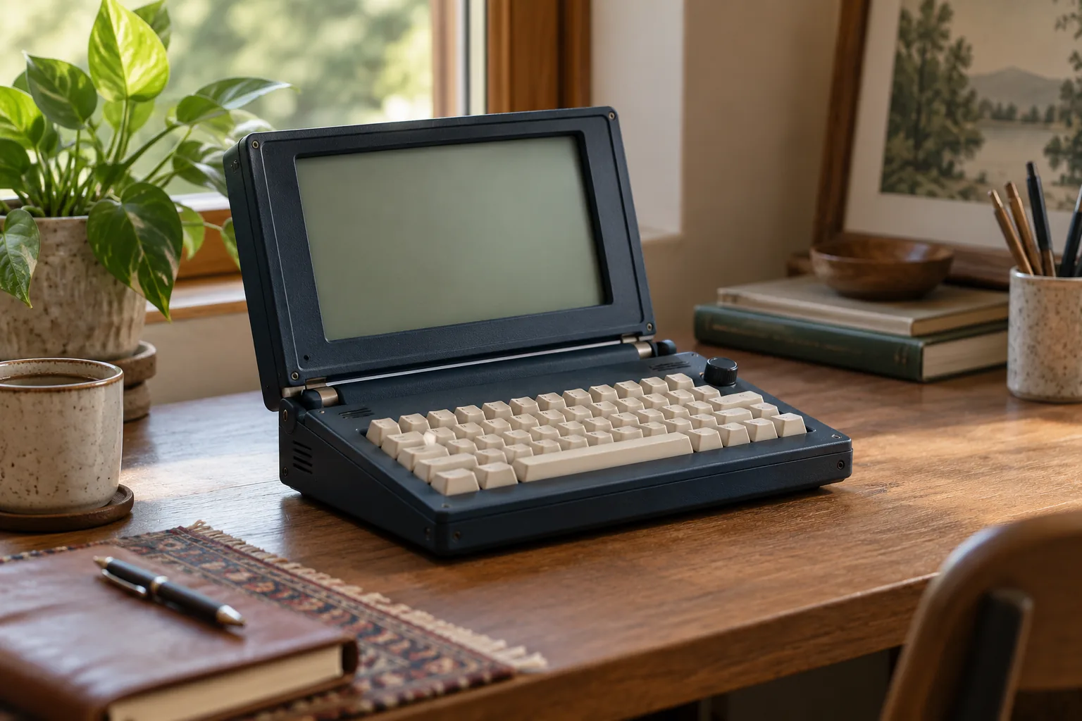 A distinctive vintage-inspired portable computer concept with compact monochrome screen, dark navy enclosure and ivory mechanical keys