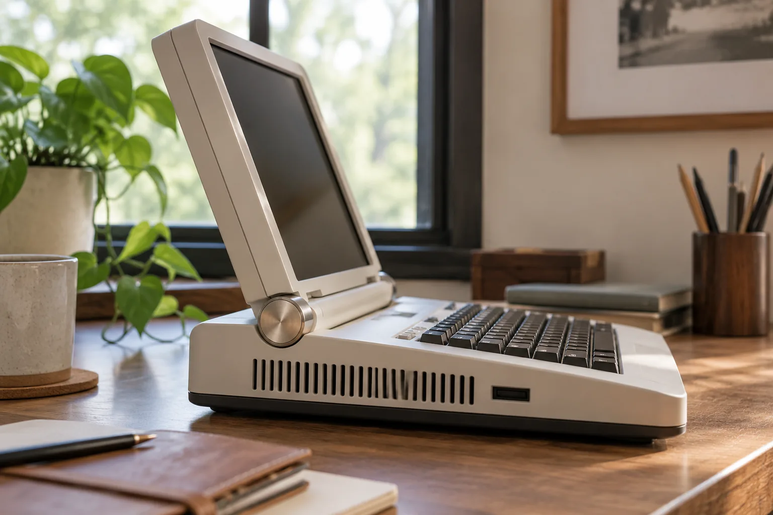 Close-up side view of a portable retro computer concept on a desk with visible ventilation slots, practical hinge and tidy covered enclosure