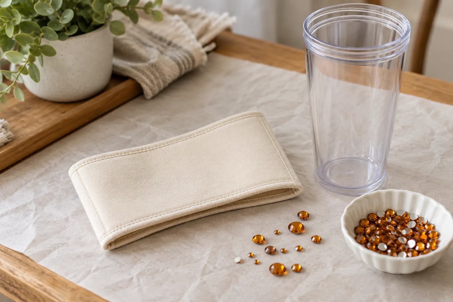 A plain removable cream fabric tumbler sleeve laid flat on a protected craft table beside loose amber rhinestones and a clear empty cup with uncovered rim