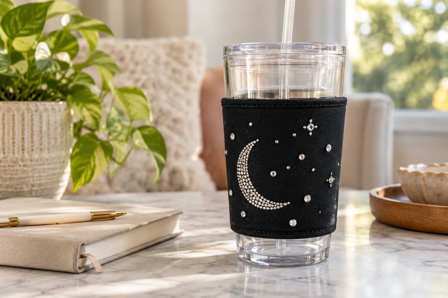 A removable fabric cup sleeve with a tasteful crescent and scattered clear rhinestone constellation, displayed on a clear tumbler lower exterior, clean uncovered lid and rim