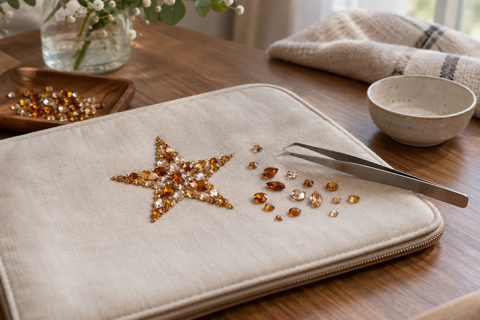 Flat fabric sleeve with a small partly assembled amber rhinestone star, tweezers nearby and loosely arranged dry-fit stones, empty cup separate