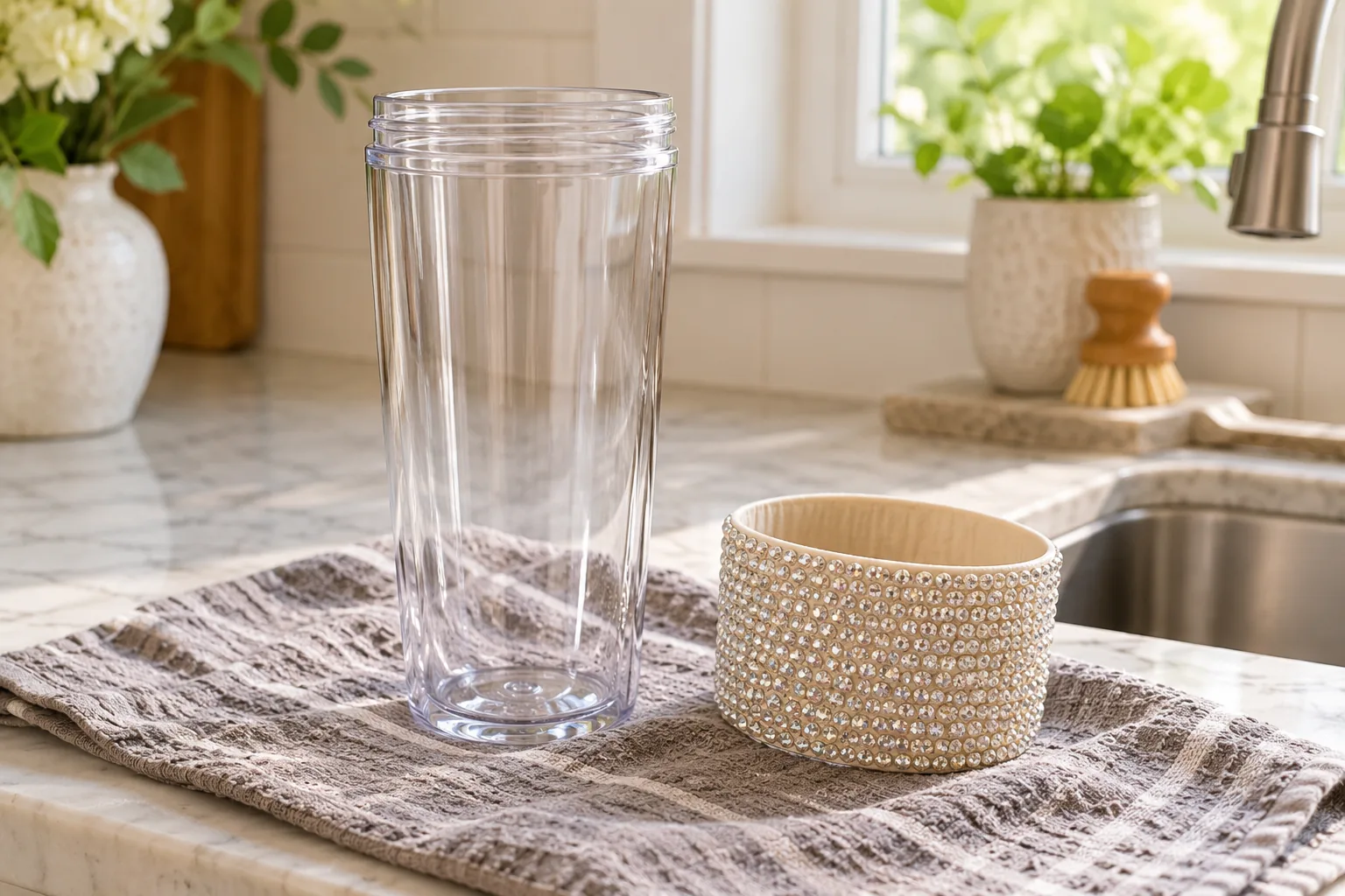 A clear drinking tumbler drying clean with its decorated removable cream rhinestone sleeve laid separately on a dry towel, uncovered rim and no stones inside cup