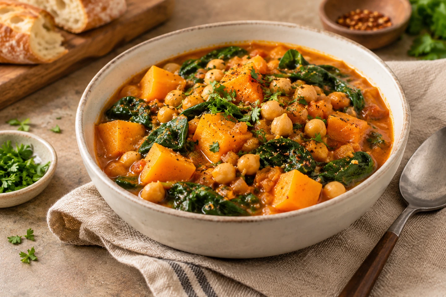 Cooked butternut squash and chickpea stew with spinach in a cream ceramic bowl