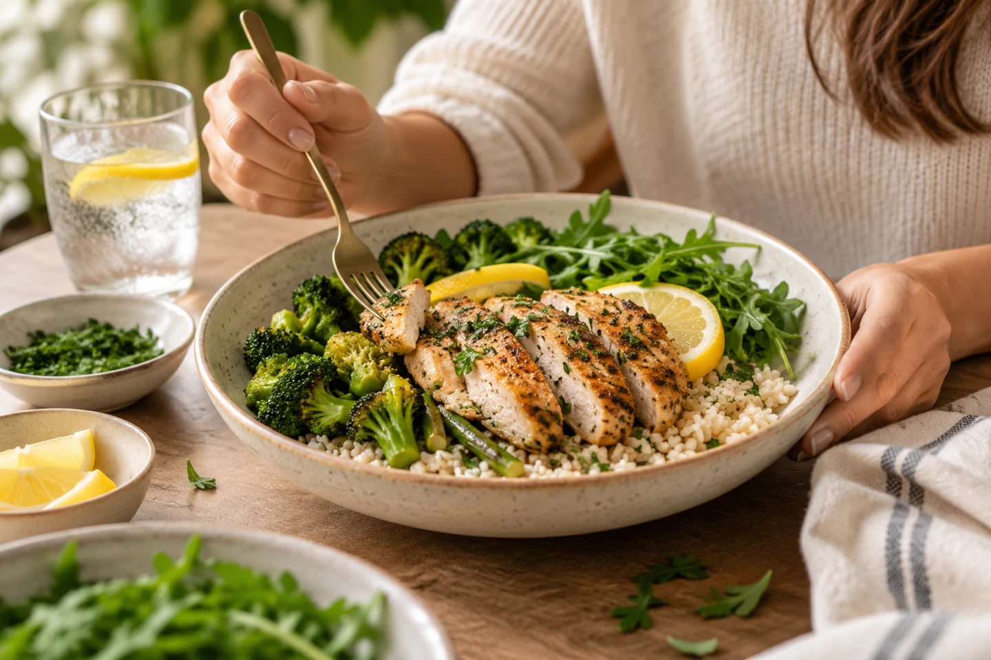 Cooked lemon-herb chicken pieces served over rice with green vegetables and herbs