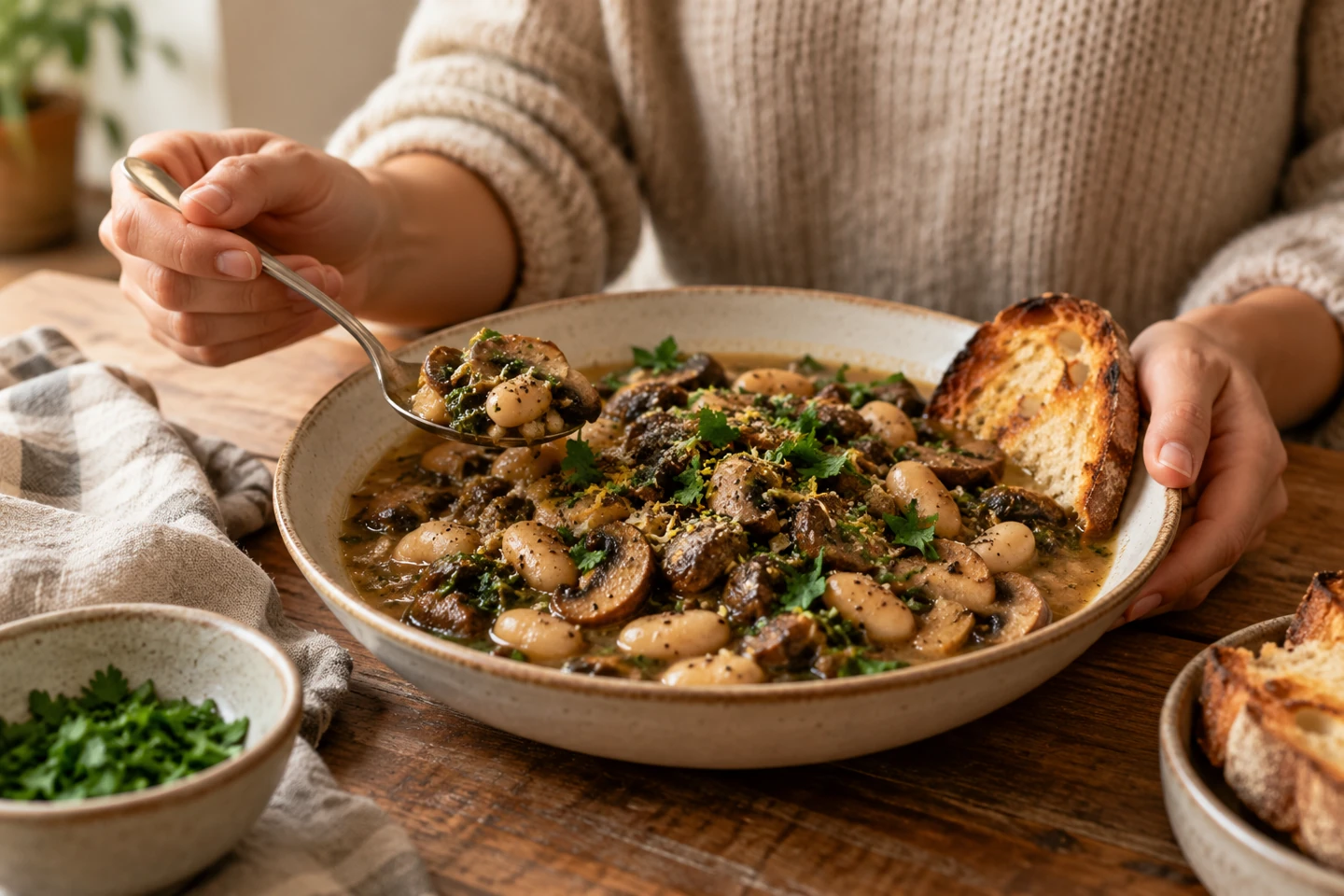 Mushroom and white bean stew in a shallow bowl with parsley and toasted bread