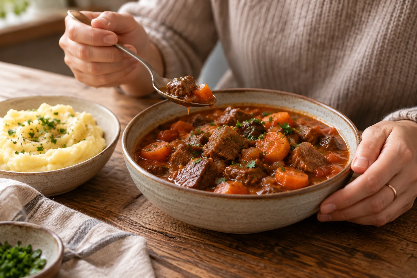 Cooked tomato beef stew with carrots in a bowl beside a small serving of mashed potatoes