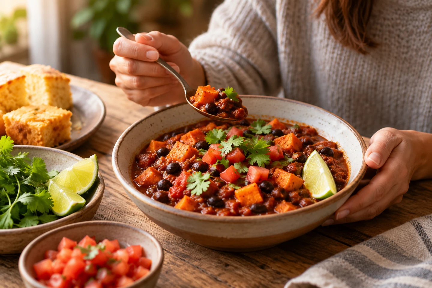 Sweet potato and black bean chili with tomato, cilantro and a lime wedge