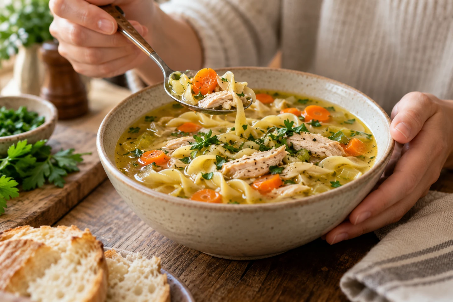 Cooked chicken noodle soup with carrots and herbs in a ceramic bowl