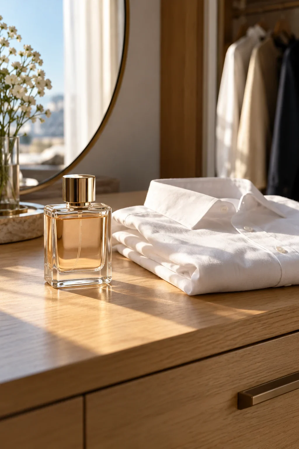Clear perfume bottle beside a folded white shirt in morning light