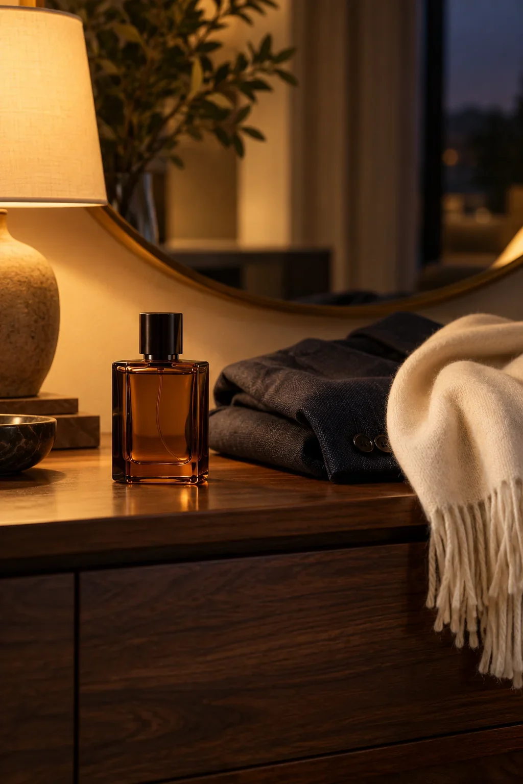 Amber fragrance bottle beside a dark jacket and cream scarf in warm evening light