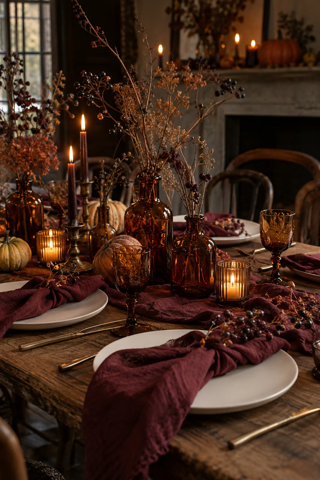 Amber bottle vases and burgundy napkins on a Halloween table