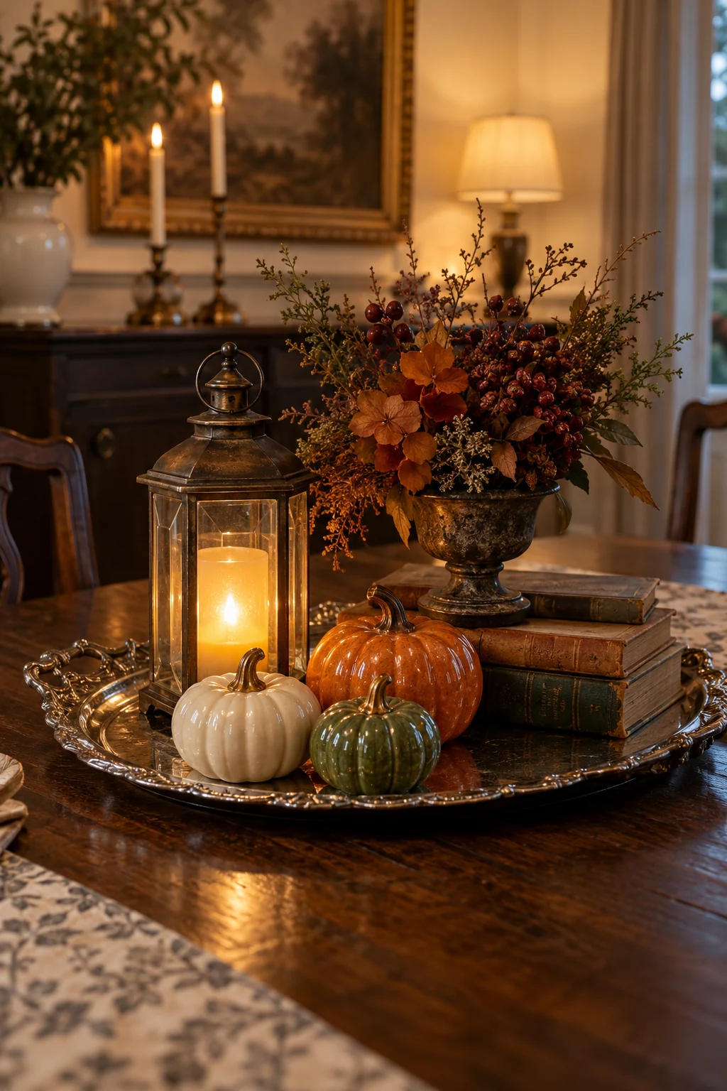 Vintage tray with ceramic pumpkins and a warm LED lantern