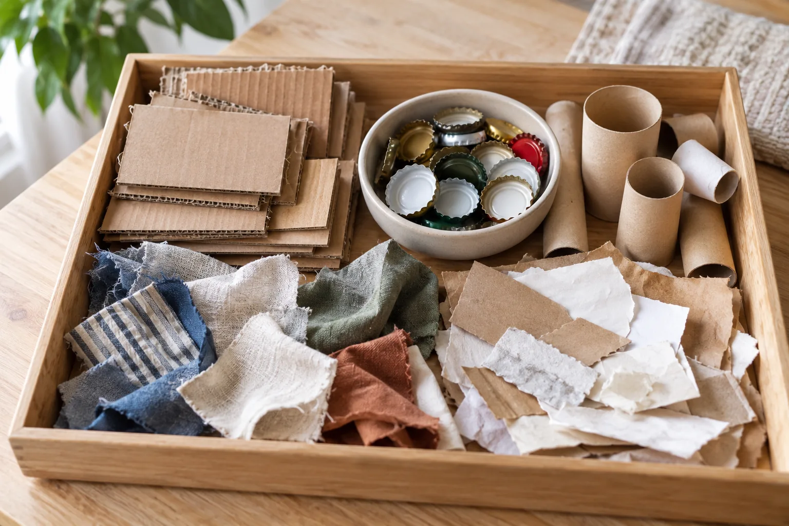 Neatly sorted clean empty cardboard packaging scraps, bottle caps, fabric offcuts and short paper tubes in a shallow craft tray
