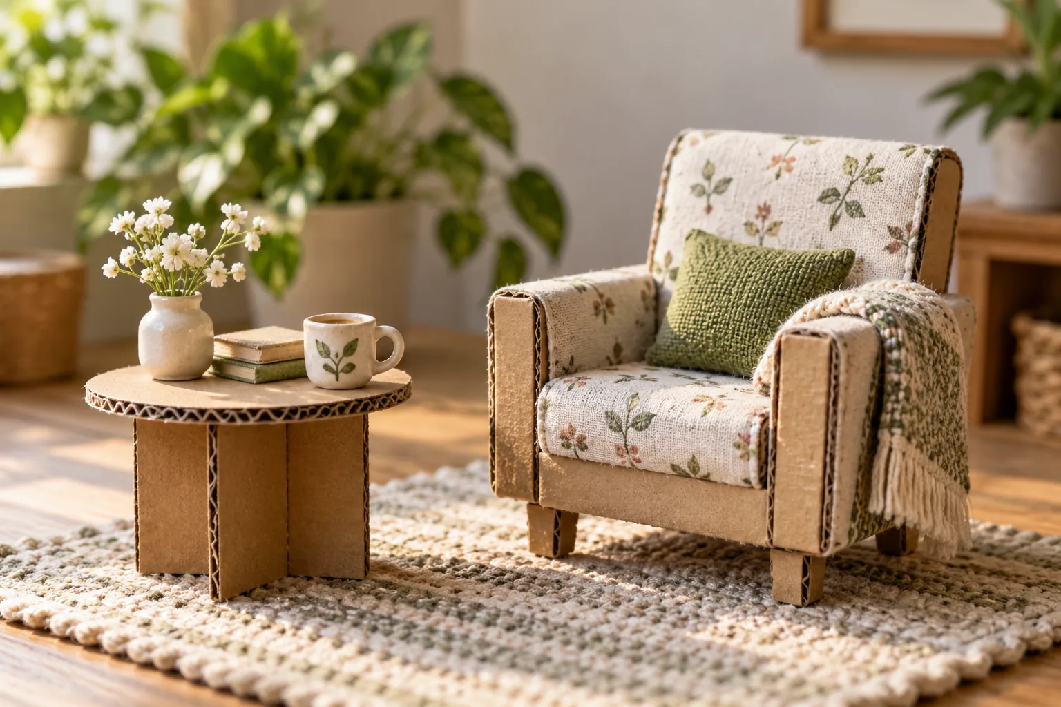 A charming handmade miniature armchair and small table made from folded clean cardboard packaging and fabric scraps, realistic DIY quality