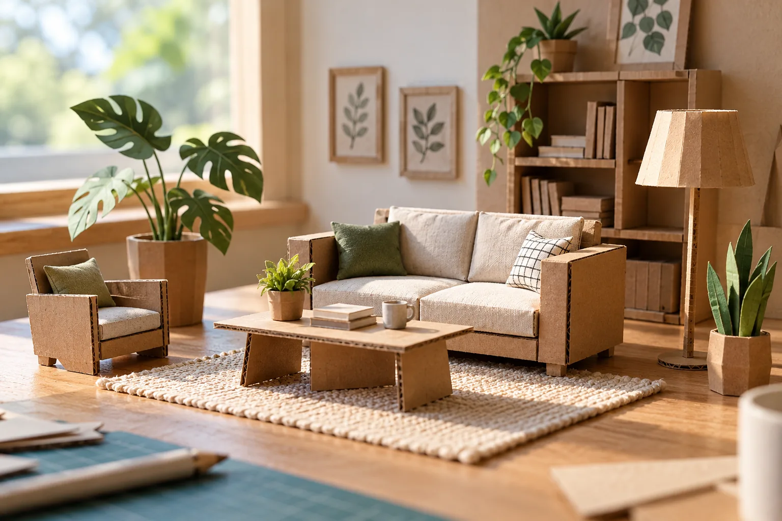 A miniature handmade living-room scene assembled from clean reused cardboard, simple sofa, folded table and tiny paper plants, warm desk surface