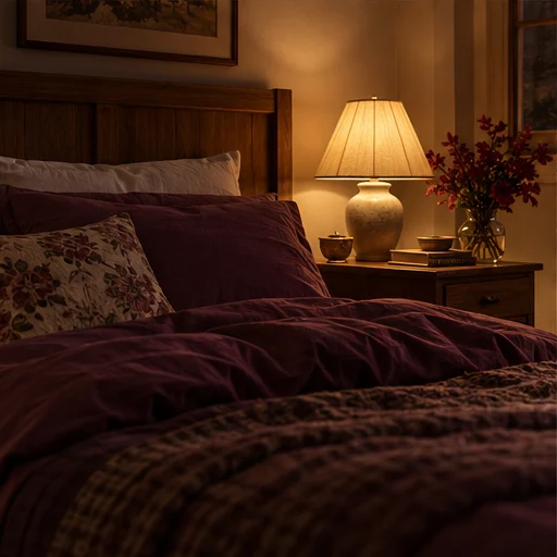 Plum bedding and a shaded bedside lamp against warm wood
