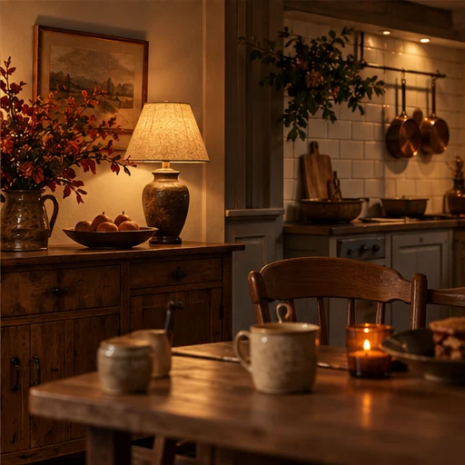 Warm lamp on a wooden sideboard beside a kitchen dining nook